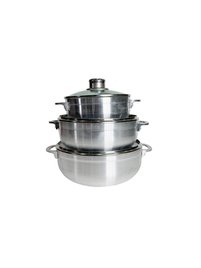 Set de Pailas de Aluminio Pulido con Tapa de Vidrio